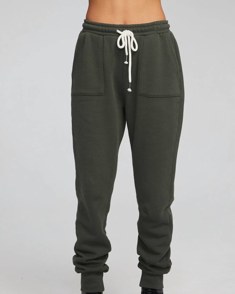 Front of a model wearing a size L Tessa Forest Night Jogger In Forest Green in Forest Green by Chaser. | dia_product_style_image_id:355898